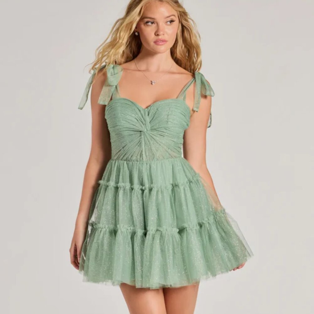 NWT - Lizzy Ruffled Glitter Mesh Skater Dress in Sage Green from Windsor